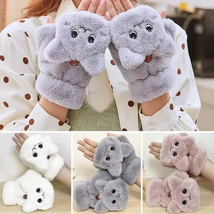Belro plush animal fingerless gloves worn on hands, showcasing soft, cozy clothing with animal-themed design.