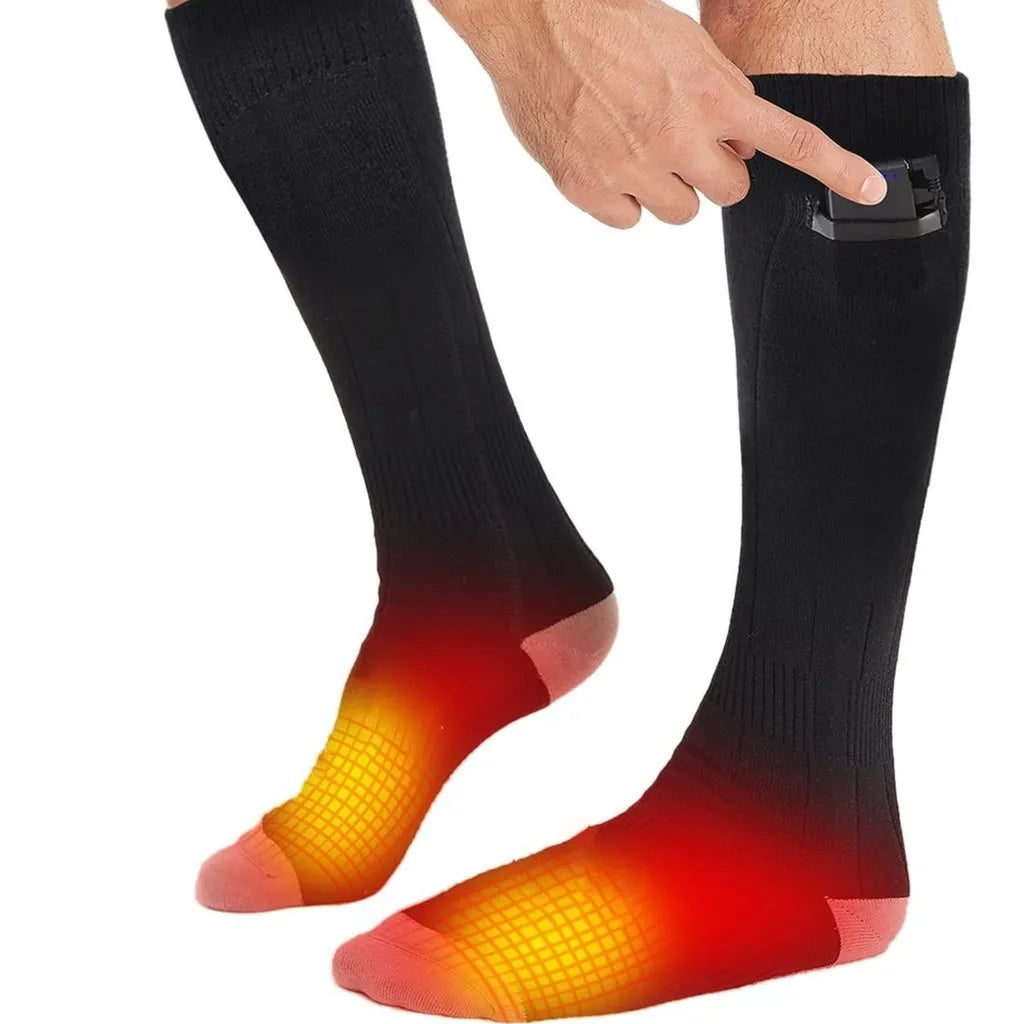 Two pairs of Belro unisex heated socks for outdoor use, showing cozy knit fabric and electric heating elements inside.
