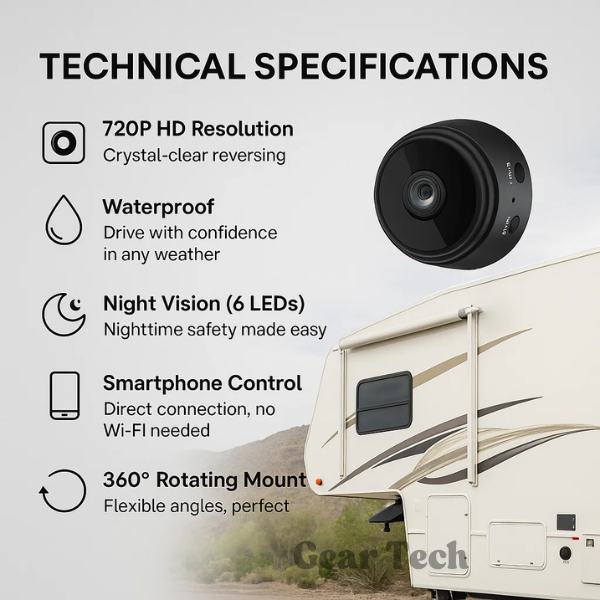 Wireless HD backup camera by BowLift with night vision, waterproof design, compact setup, suitable for RV trucks and trailers.
