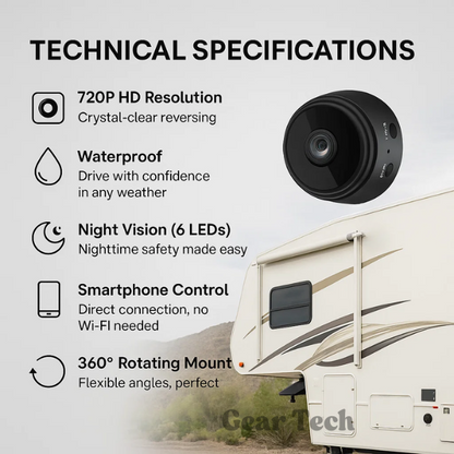 Wireless HD backup camera by BowLift with night vision, waterproof design, compact setup, suitable for RV trucks and trailers.