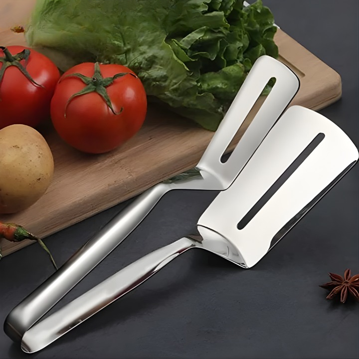Mivoza stainless steel spatula tongs, 2-in-1 kitchen tool for flipping and gripping food, with a sleek metal finish.