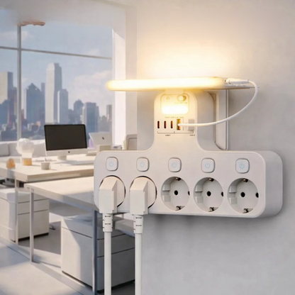 Mivoza wall-mounted power strip with 5 sockets, USB ports, built-in night light, and phone shelf for convenient electronics charging