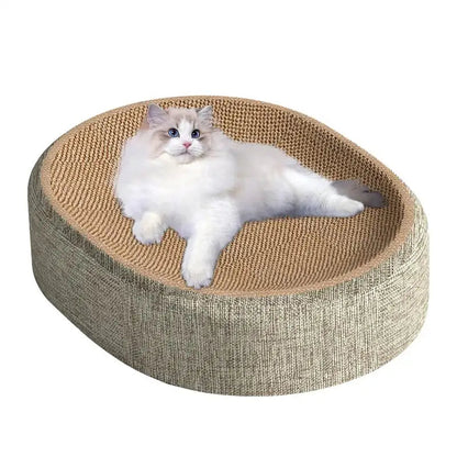 Belro Oval Sisal 2-in-1 Cat Scratcher Bed with cozy interior, made of natural sisal and soft fabric, designed for cats' comfort.
