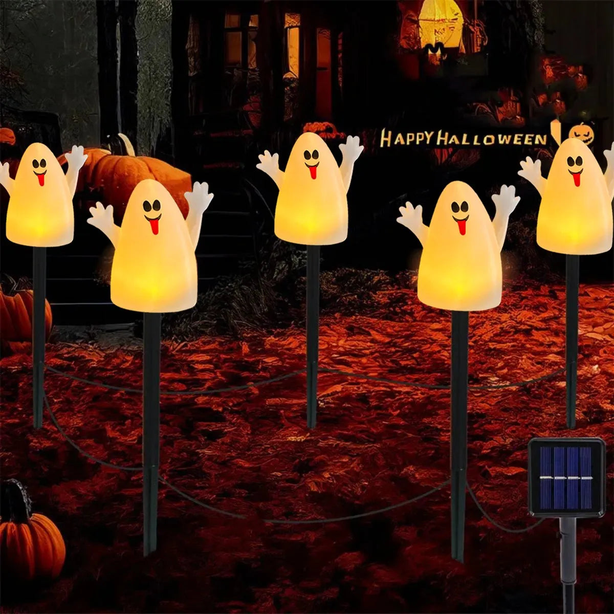 Belro Lighted Halloween pumpkin and ghost solar decor set, festive accessories with illuminated spooky characters under umbrellas.