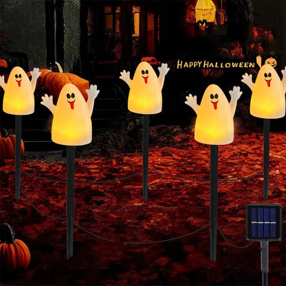 Belro Lighted Halloween pumpkin and ghost solar decor set, festive accessories with illuminated spooky characters under umbrellas.