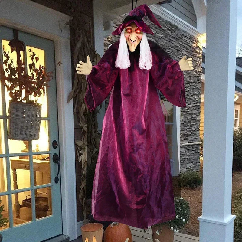 Belro animated Halloween witch decor for men, featuring sound effects and glowing eyes, perfect for spooky costume or display.