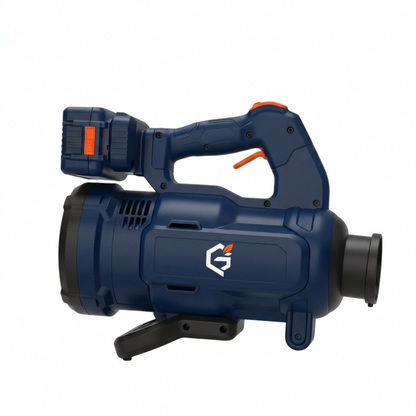Redesigned GETDECO AeroBlast 18V XR cordless leaf blower with red accents, lightweight and compact for easy yard cleanup.