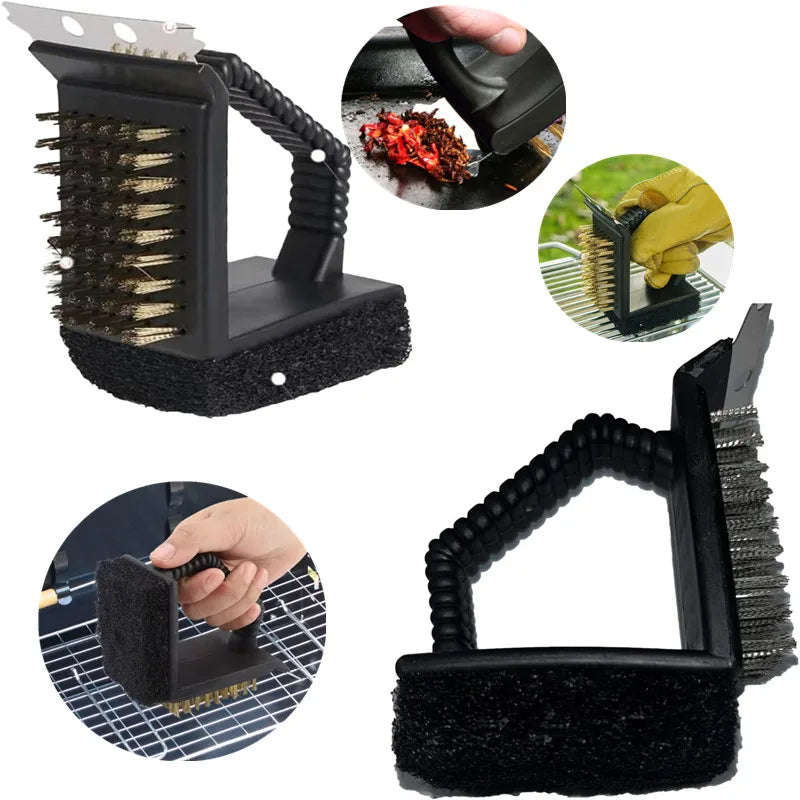 Belro 3-in-1 right angle barbecue grill brush with stainless steel bristles and ergonomic handle for easy cleaning.