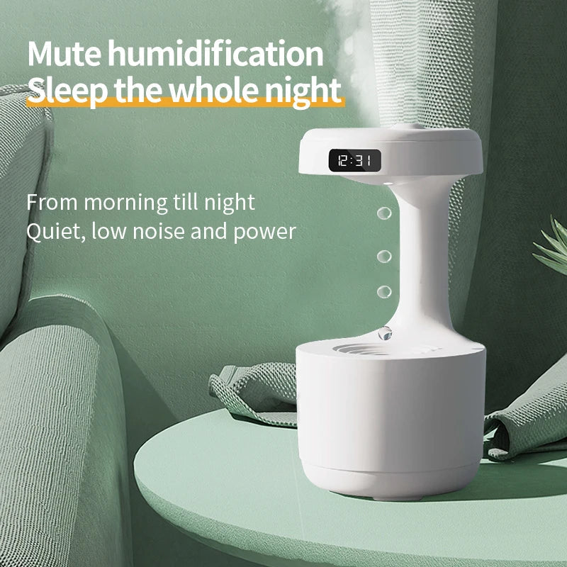 Belro Anti Gravity Humidifier shown on a wooden surface, featuring a sleek, modern design with a digital control panel.