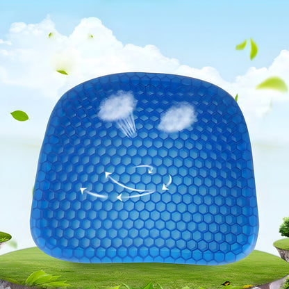 Belro gel seat cushion pad for back support, shown on a chair, providing comfort and pressure relief for health and wellness.