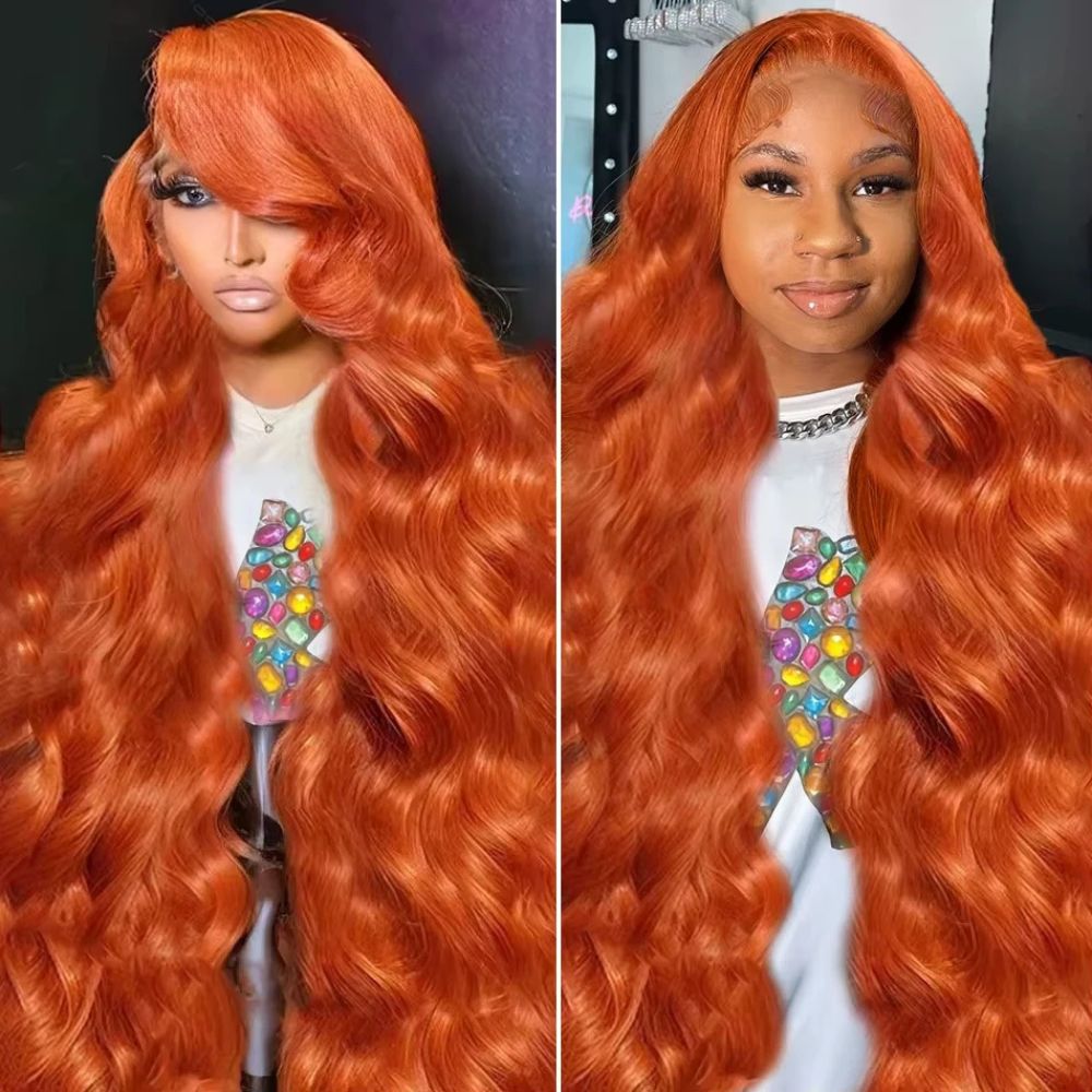 Long wavy orange ginger red lace front wig by Belro, showcasing vibrant color and intricate wave pattern on a hair accessory.