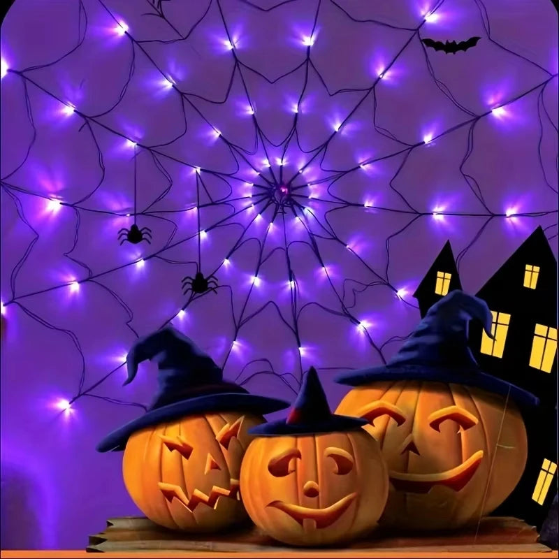 Belro Halloween spider web decoration with lights for outdoor home and garden spooky decor, featuring intricate web design and glowing lights.