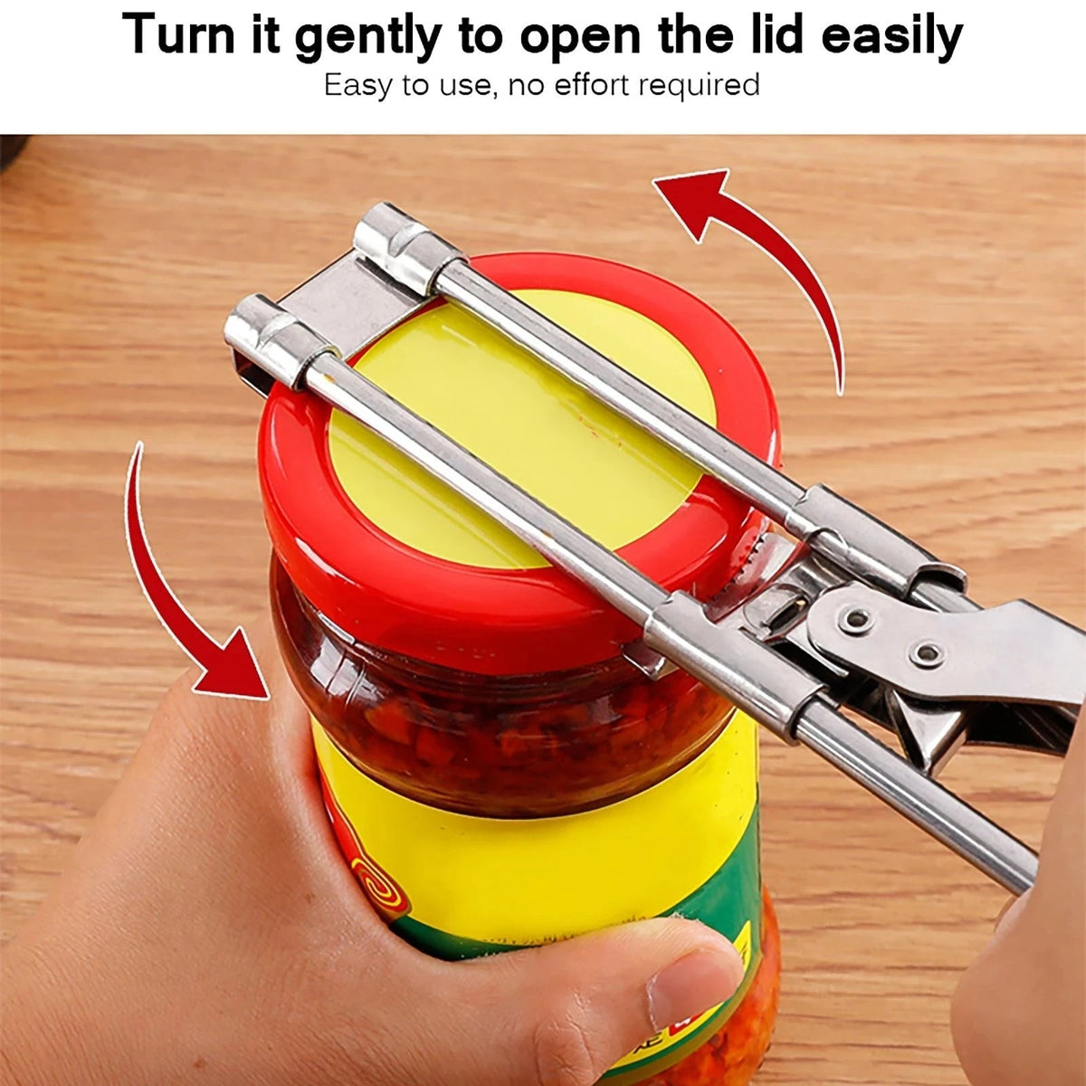 Belro adjustable stainless steel jar opener with multi-function design for kitchen use, shown on a countertop.