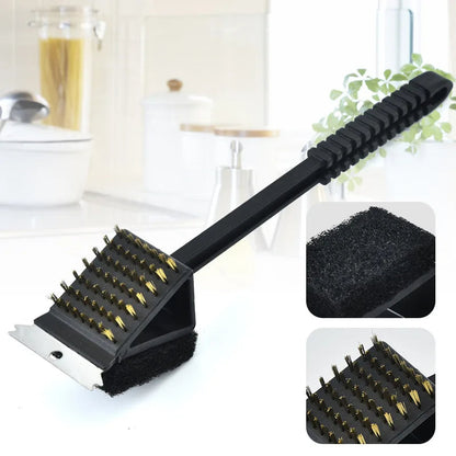 Belro 3-in-1 barbecue grill brush with scraper and sponge for cleaning outdoor grills, featuring a sturdy handle and multiple cleaning tools.