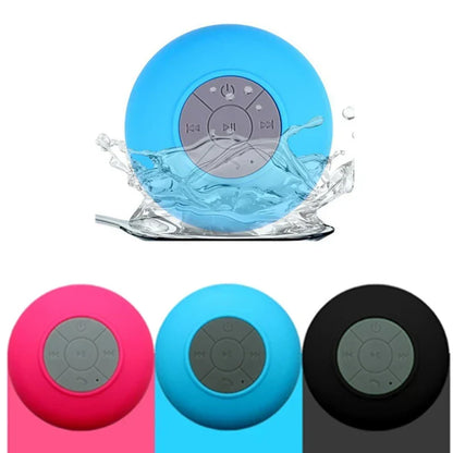 Belro shower speaker attached to bathroom wall, waterproof electronic audio device for shower music and hands-free calls.