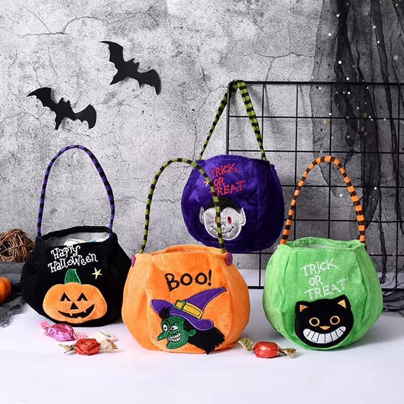 Belro pumpkin Halloween treat bag for kids, orange fabric with black jack-o'-lantern face, ideal for festive food storage and trick-or-treating.