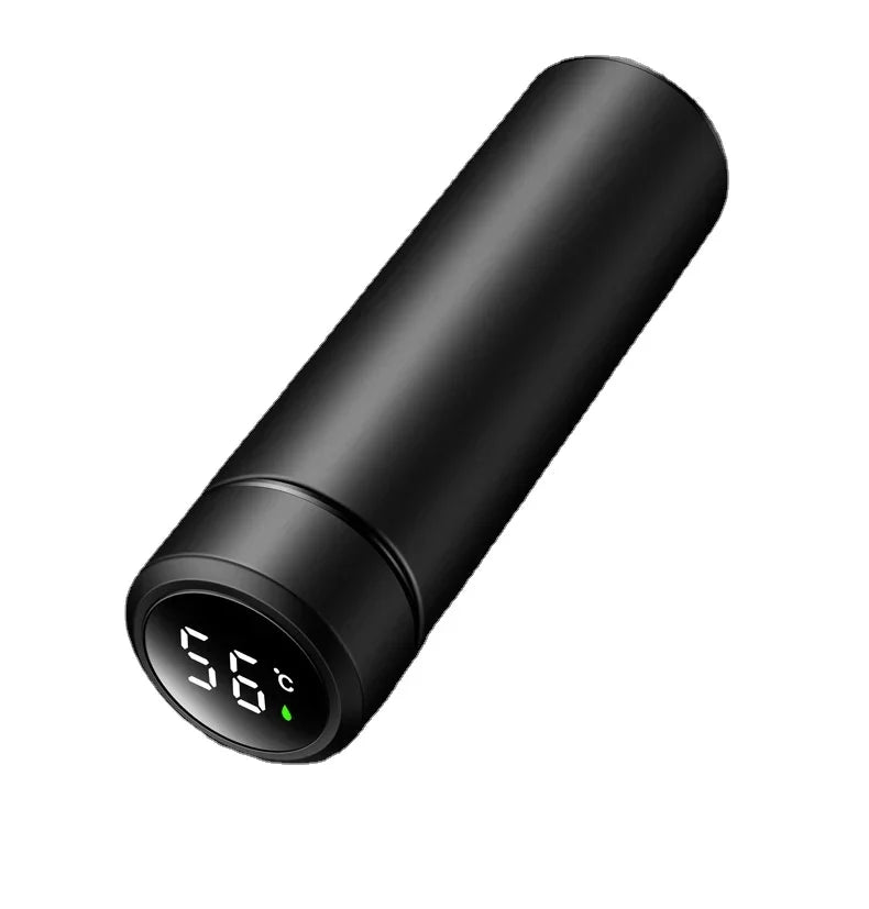 Belro LED temperature display thermos bottle showing digital temperature readout on stainless steel water bottle in kitchen setting