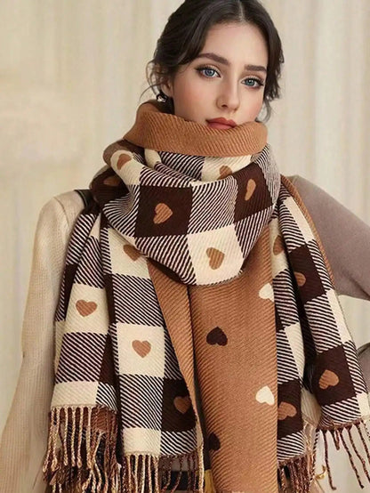 Belro cozy checkered winter scarf shawl draped over a model, showcasing its warm, stylish plaid pattern and soft fabric.
