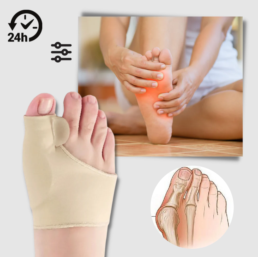 Belro gel bunion corrector shown on a foot, designed to help realign toes and reduce bunion pain comfortably.