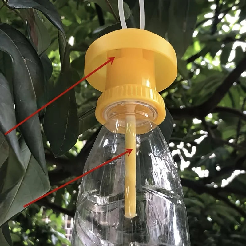 Belro fruit fly trap with hanging cover for outdoor pest control, featuring a clear plastic container and a hanging attachment.