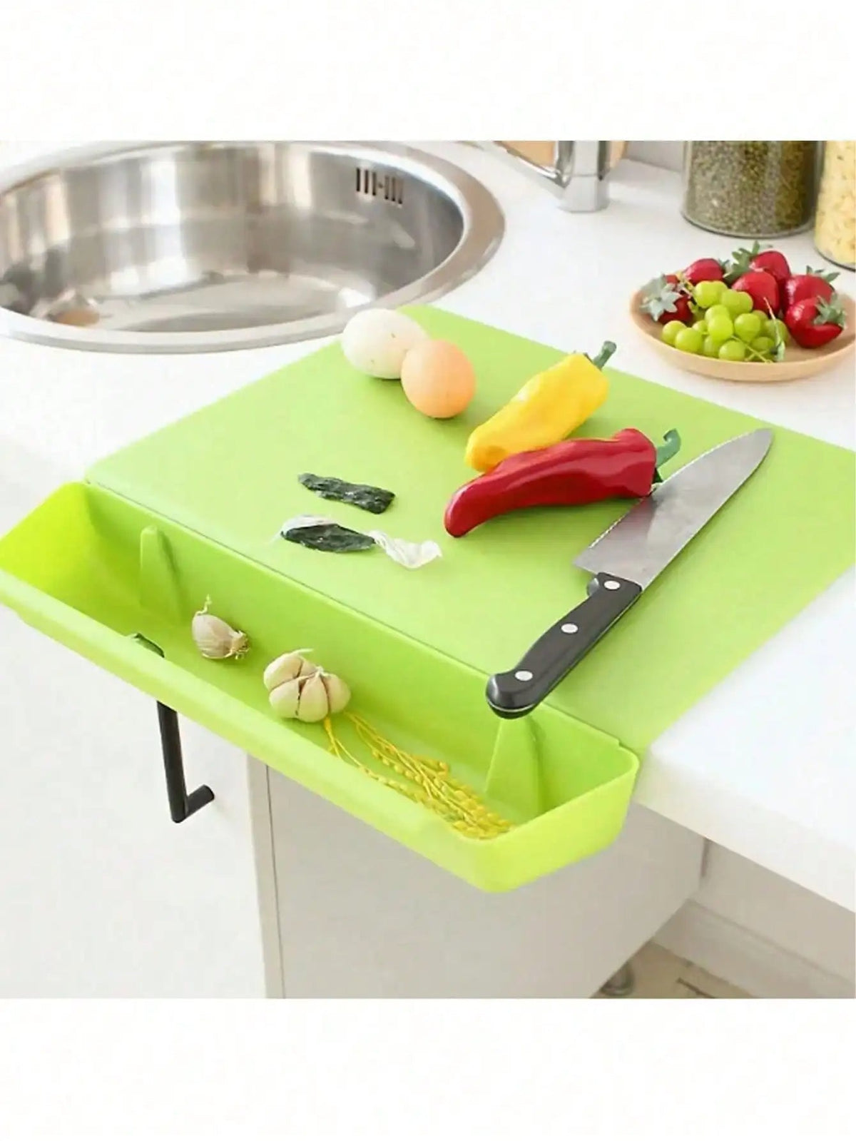 Belro 2-in-1 cutting board with built-in container tray for easy food prep and storage, shown with the board on a kitchen countertop