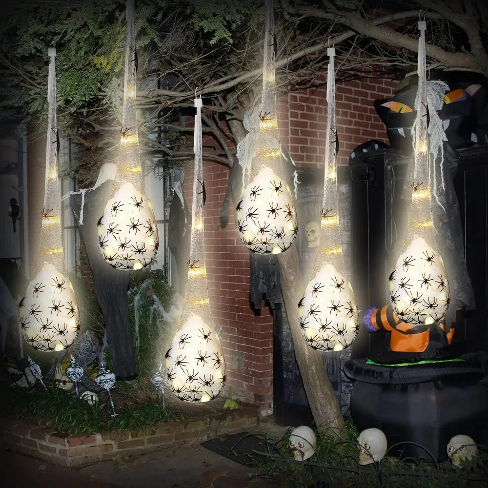Belro Light Up Spider Egg Sacs Halloween outdoor decor hanging prop with glowing spider eggs for spooky outdoor decorations