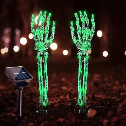 Belro Halloween Skeleton Hand solar light accessory attached to an umbrella, featuring spooky skeleton hand design for Halloween decor.