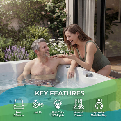 Casavibeo Lifesmart Leganza 6-person spa with 90 jets, lounge seating, in Coastal Gray, showcasing key features and design.