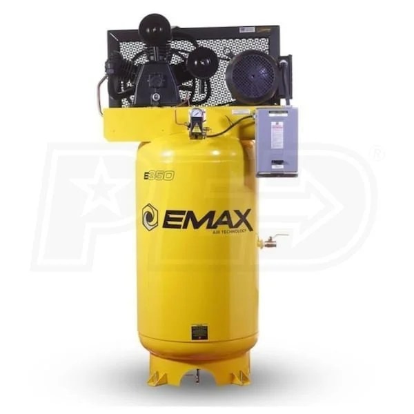Casavibeo EMAX 7.5 HP 2-stage vertical air compressor with 80-gallon tank, showing the industrial equipment and control panel.
