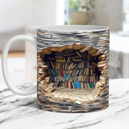 Belro 3D Library Bookshelf mug with book illustrations, ideal for book lovers, ceramic coffee mug for kitchen and dining use