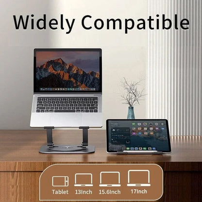 Belro aluminum laptop stand with 360-degree rotating bracket, adjustable for ergonomic computer setup.