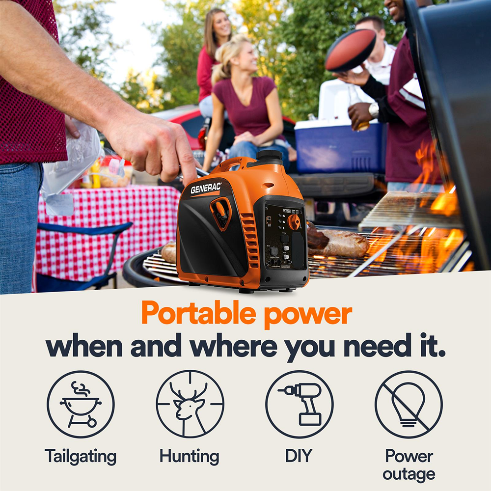 Casavibeo Generac GP2500i Series portable generator with compact design and dual outlets, suitable for outdoor power needs