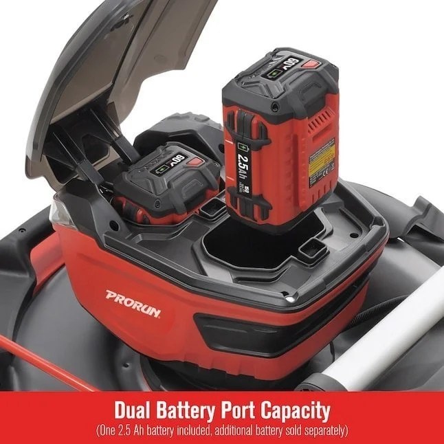 Casavibeo PRORUN 60V cordless lawn mower with 21-inch steel deck, 2.5 Ah battery, and charger, ready for yard work.