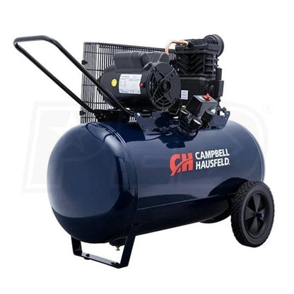 Campbell Hausfeld 3.7-HP 30-gallon cast-iron air compressor with durable metal tank and industrial-grade components.