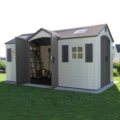 Casavibeo 15 ft. by 8 ft. outdoor storage shed made of high-density polyethylene, with double doors and ventilation panels.