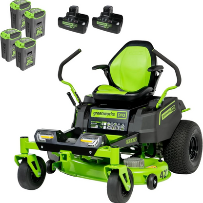 Greenworks 60V 42-inch cordless electric crossoverZ zero turn riding mower with a green and black design, featuring a spacious operator seat.