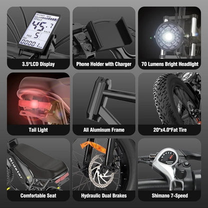 Casavibeo Ridstar Q20 48V fat tire electric bike with LCD display, black frame, wide fat tires, and handlebar control panel.