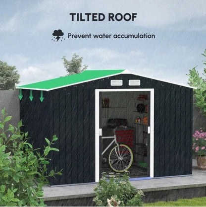 Casavibeo outdoor garden storage shed with doors, windows, and a sloped roof for storing garden tools and equipment.