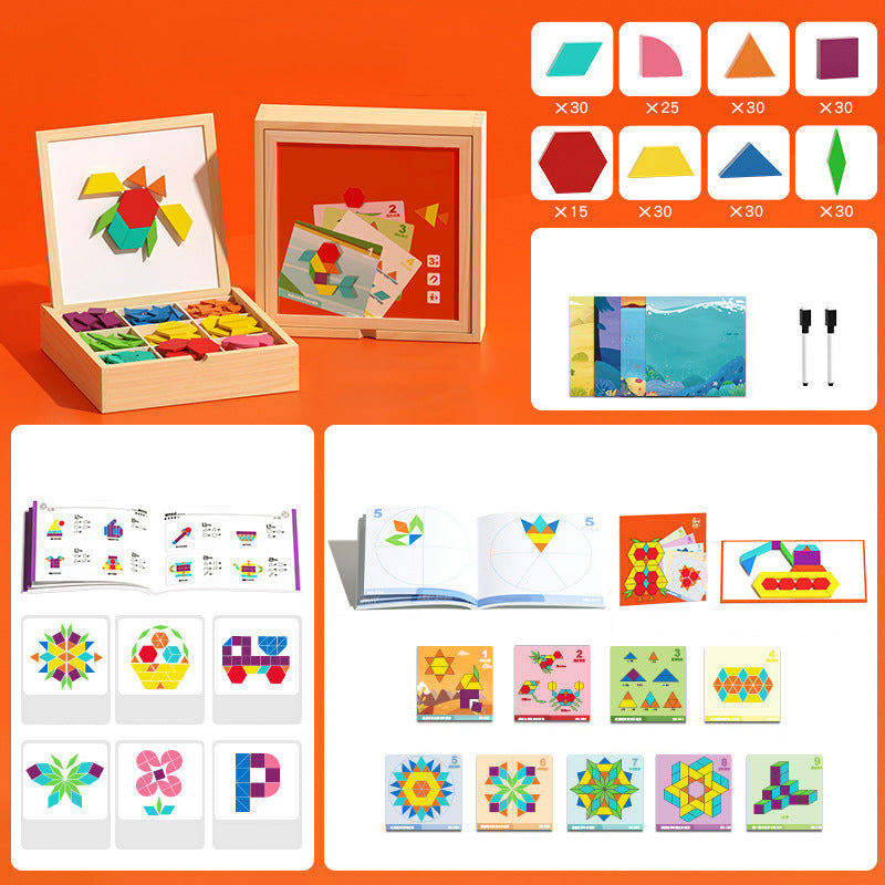 Magnetic wooden building blocks by Mivoza with pattern cards, educational and creative toy for kids' building and learning.