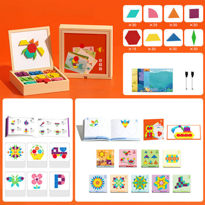 Magnetic wooden building blocks by Mivoza with pattern cards, educational and creative toy for kids' building and learning.