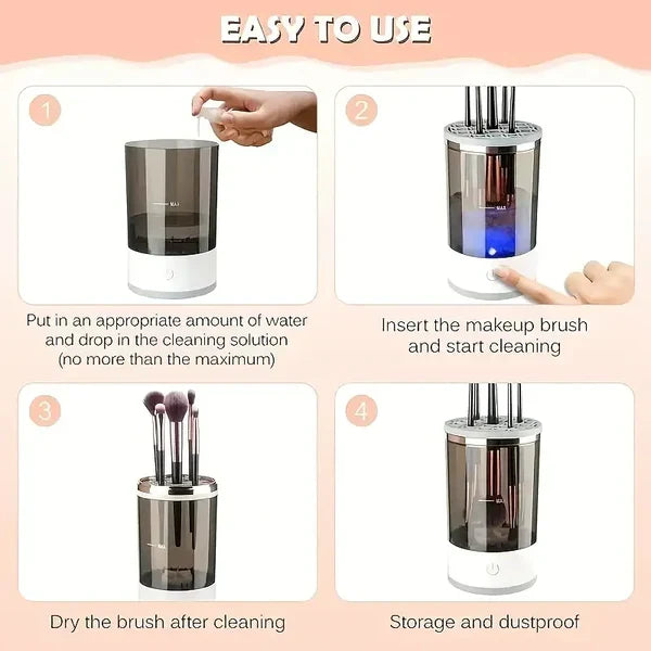 Belro automatic electric makeup brush cleaner in use, showing cleaning cycle with brushes submerged in device for skin care and beauty.