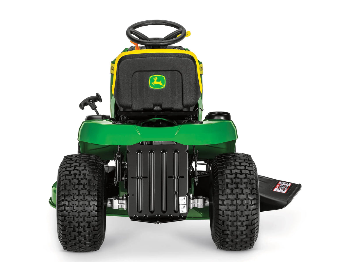 John Deere S100 42-inch 17.5 HP hydrostatic riding lawn tractor with cutting deck and comfortable seat.