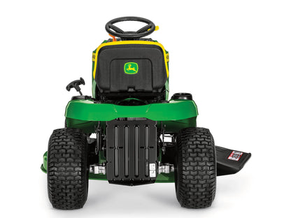 John Deere S100 42-inch 17.5 HP hydrostatic riding lawn tractor with cutting deck and comfortable seat.