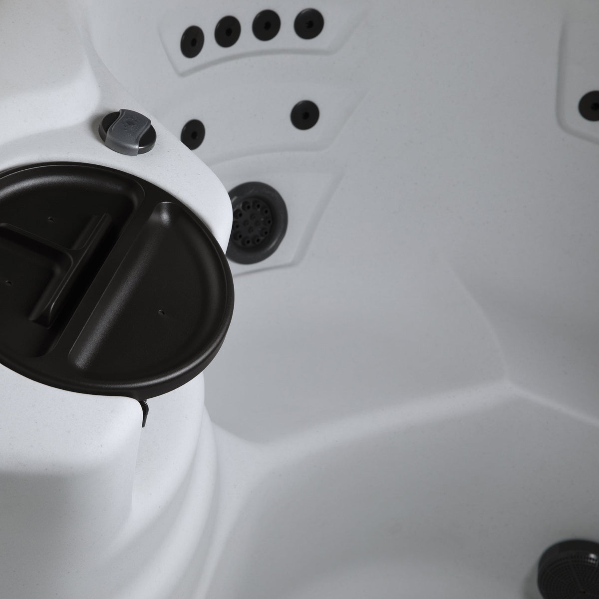 Lifesmart Leganza 6-person spa with 90 jets, lounge seating, white exterior, and control panel for relaxing hydrotherapy.