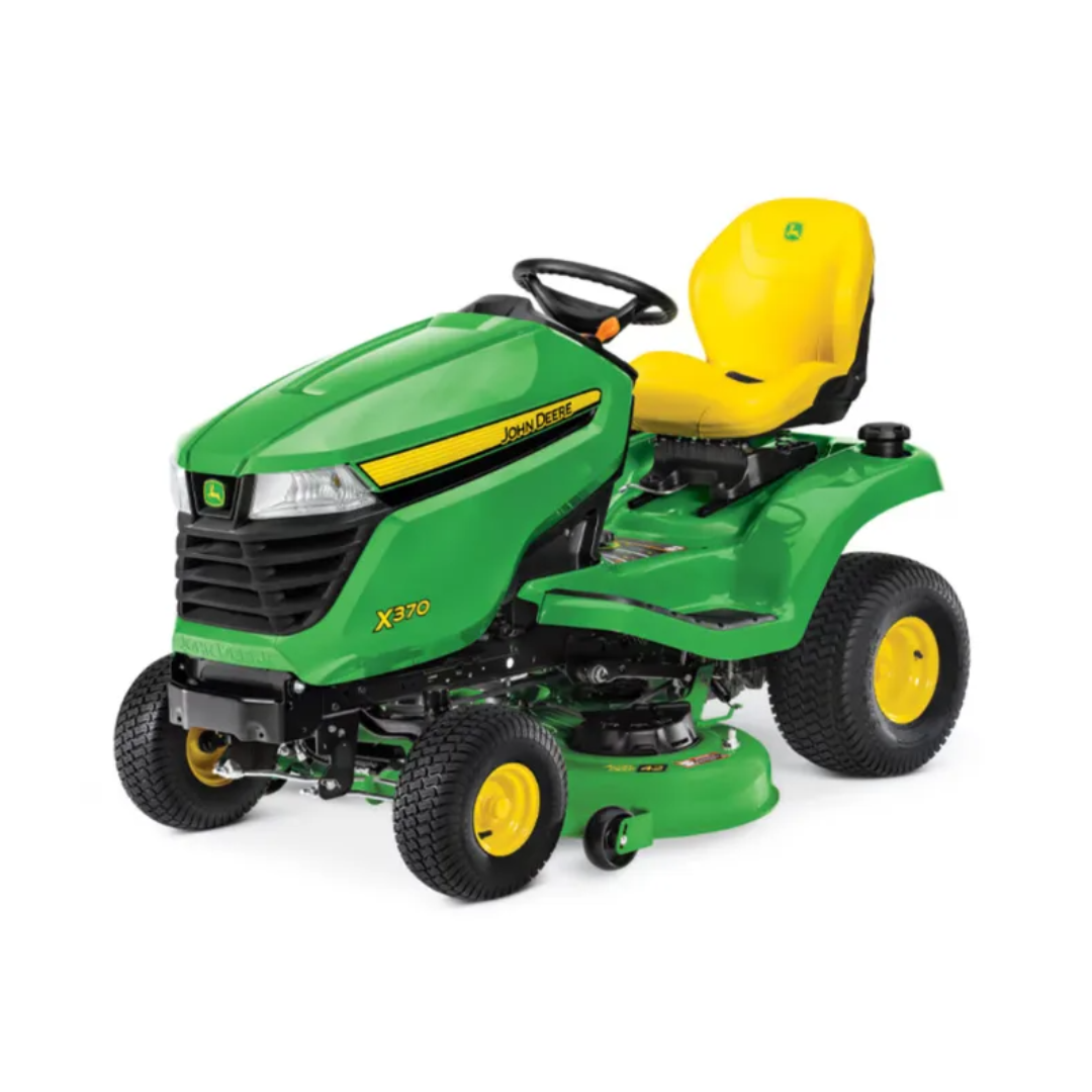 John Deere X370 lawn tractor with 42-inch cutting deck, featuring a sturdy frame and control panel for efficient yard work.