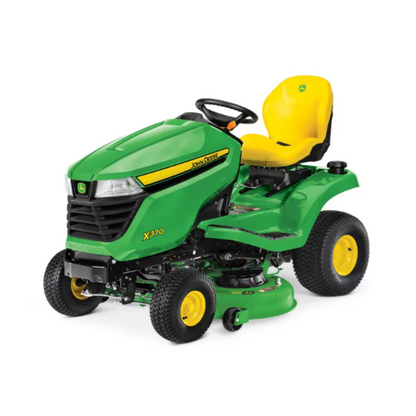 John Deere X370 lawn tractor with 42-inch cutting deck, featuring a sturdy frame and control panel for efficient yard work.