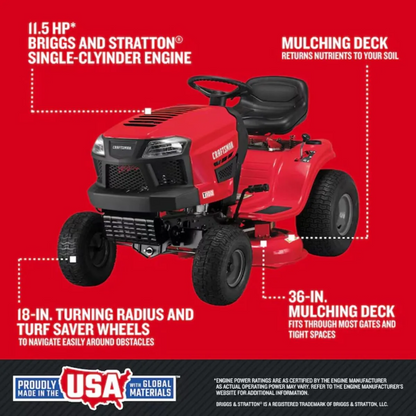 Casavibeo Craftsman T100 36-inch riding lawn mower with 11.5 HP engine, featuring a wide cutting deck and comfortable seat.