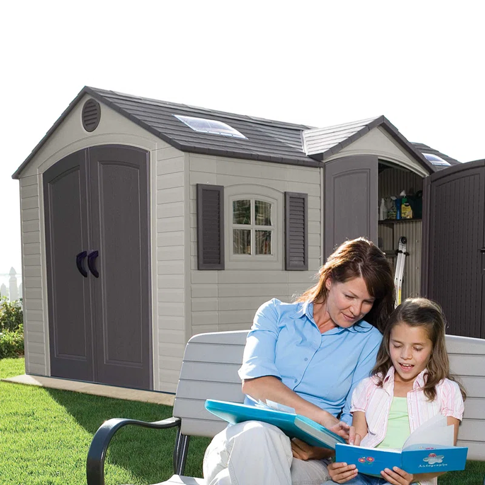 Outdoor storage shed by Casavibeo, 15 ft x 8 ft high-density polyethylene, with double doors and a durable weather-resistant design.