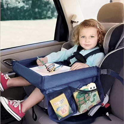 Belro Snack & Play Travel Seat attached to luggage, compact travel bag with a built-in seat for kids on the go.