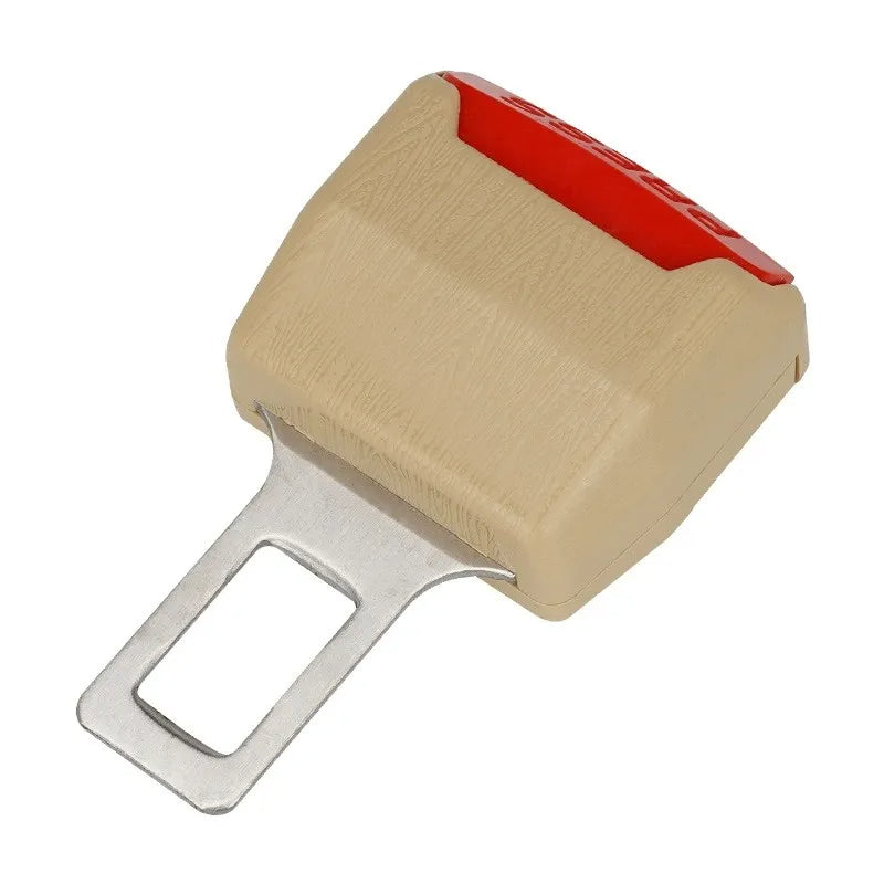 Beige Belro universal anti-slip seat belt extender for men, showing the extender's fabric and secure clip attachment.